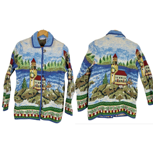 Lighthouse Tapestry Coat Jacket Christmas Art to Wear Grandmacore Size Small Vtg - Picture 1 of 16
